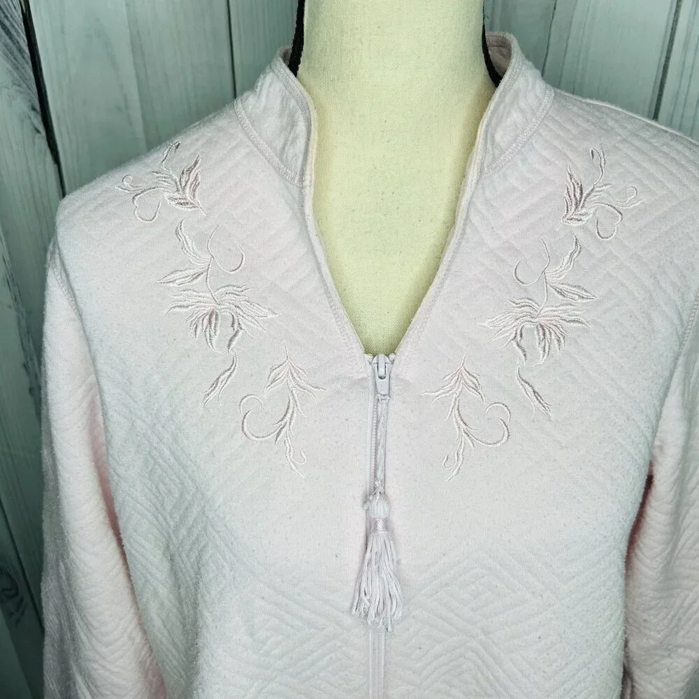 Miss Elaine Quilted Long Sleeve Robe Full Zip Sz S Embroidered Tasseled Vintage